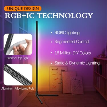 LED кутова лампа Fortand з Wi-Fi, RGB, диммування, сумісна з Alexa/Google Home, з пультом, 155 см, трикутна база
