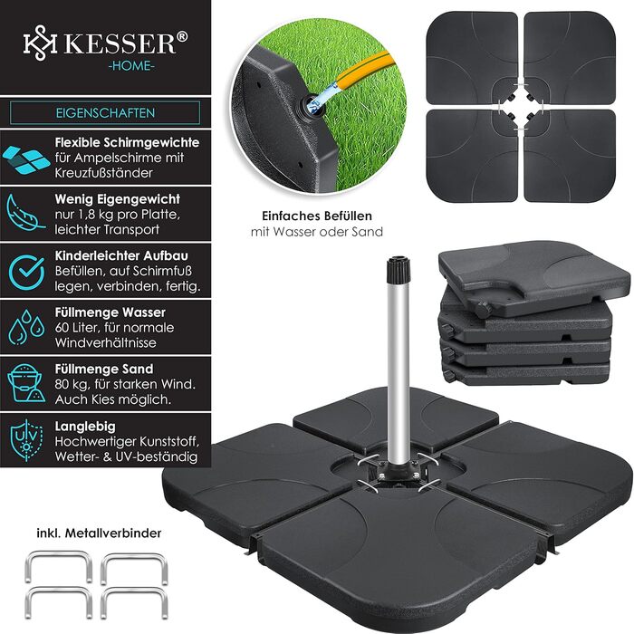 KESSER® Parasol Stand 4-Piece Umbrella Weight Umbrella Stand for Gazebo Umbrella Ground Cross 60 Liter / 80 kg Fillable with Water or Sand Includes Metal Connector Gazebo Umbrella Stand Plastic,