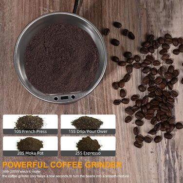 Weinsamkeit Electric Coffee Grinder, Electric Spice Grinder and Coffee Grinder with Stainless Steel Impact Blade & Safety Lid, 200W Powerful Motor Coffee Grinder for Nuts, Coffee Beans, Spices