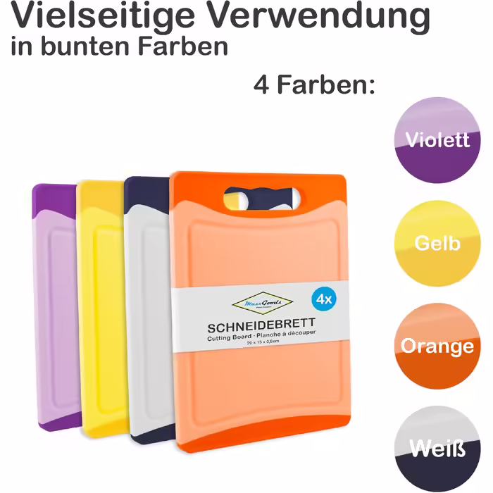 MaxxGoods Cutting Board SET 4-Piece, Colorful, with Juice Groove & Handle - Antibacterial Kitchen Board - Chopping Board, Plastic Board Reversible & Dishwasher Safe - (20x15x0.8 cm)