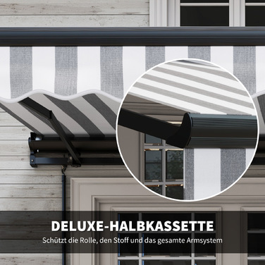 Маркіза Balkonmarkise від Outsunny, 350 x 250 x 150 см, стійка до УФ-випромінювання UV30+, з дистанційним керуванням, ручним механізмом, регульована касетна маркіза, сіра+біла | Aoso