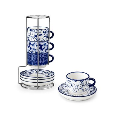 Набір чашок для еспресо Vancasso SELENE з блюдцем та підставкою, 4 шт, 90 мл, блакитно-білий, кераміка