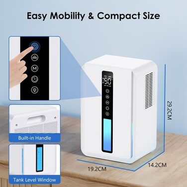 Електричний осушувач повітря 2500 мл з баком для води - Осушувач повітря електричний з трьома швидкостями + два режими, таймер 48H, авто-стоп & анти-заморожування, для спальні та ванної кімнати