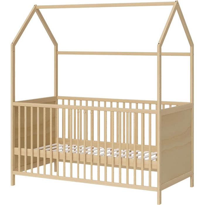 Bellabino Nika Babybett in House Design 70 x 140 cm, cot and house bed for children and babies made of solid pine wood in natural finish, 3-fold height adjustable including slatted base.
