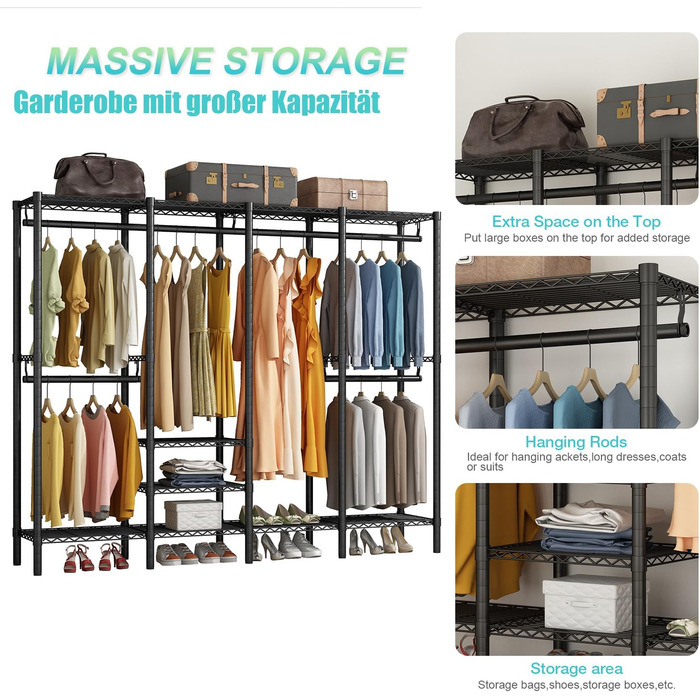 KZOBYD Clothes Rack, Coat Rack with 6 Height-Adjustable Shelves, Clothes Rail with 4 Hanging Compartments, Plenty of Space, for Bedroom, Living Room (Black)