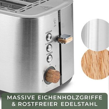 WALDWERK Design Toaster - made from 304 stainless steel and oak wood - for 2 slices - with bagel attachment - with extra wide and deep toasting chambers - with crumb tray Toaster stainless steel and wood