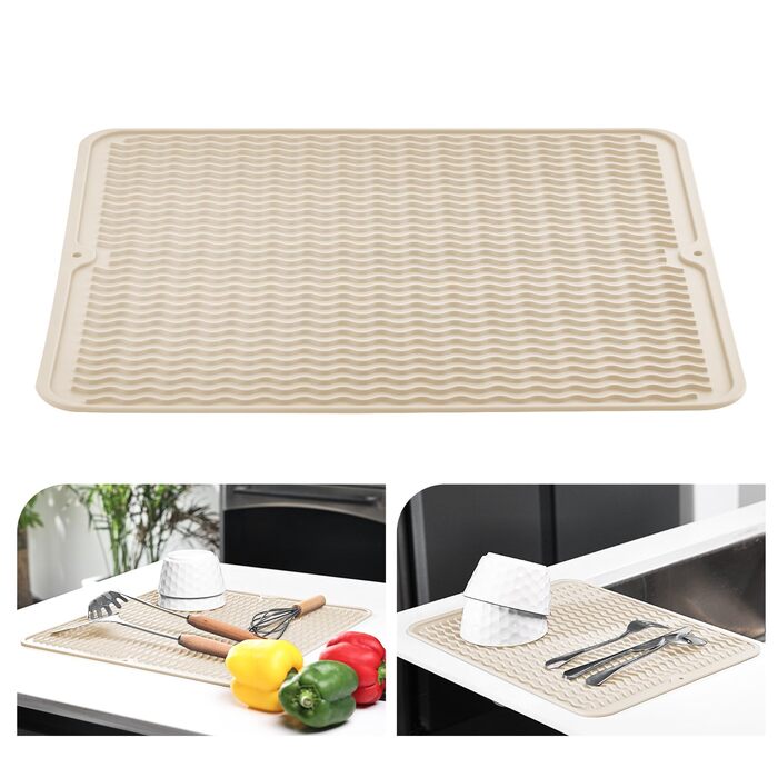 Килимок для сушіння посуду KitchenRaku 40x60 см бежевий, силіконовий, термостійкий, антиковзний для кухні