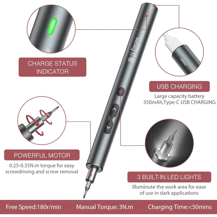 LOFICOPER Міні електричний набір викруток 28 в 1 з LED, USB-C, для ремонту ноутбуків та годинників (сірий)