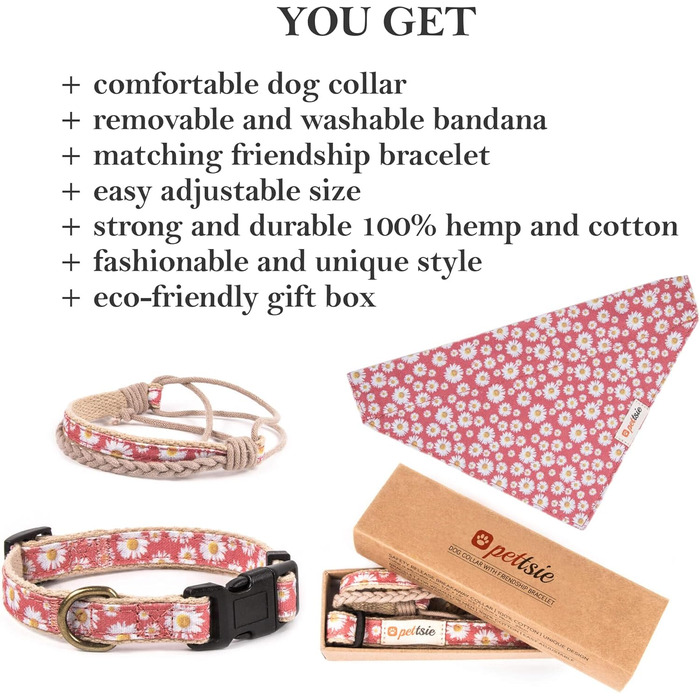 Pettsie Dog Collar with Bandana Cloth and Friendship Bracelet, Adjustable Sizes S, M, and L, Strong and Durable, Great Gift for Dog Lovers in Attractive Packaging, M, Pink