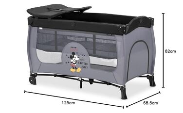Hauck Travel Crib Sleep N Play Center with Newborn Nest, Changing Table, Carry Bag, Wheels, Crawl-Through Opening, Compact Folding, from Birth up to 15 kg (Disney Mickey Mouse Grey)