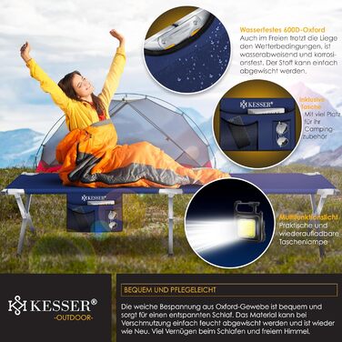 Ліжко туристичне розкладне KESSER® 210 см з сумкою, ліхтарем та кишенями, синій. Витримує 150 кг, сталевий каркас, 600D Oxford