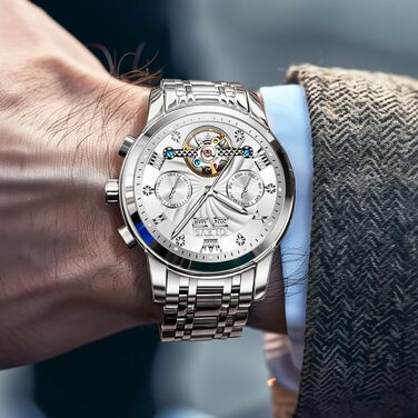 Чоловічий механічний годинник OLEVS з турбійоном та календарем, водонепроникний, зі світлою індикацією (7088, сріблястий)