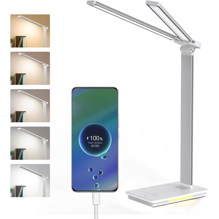 Лампа настільна LED LENDO з двома головками, регульована яскравість 700 люмен, 5 рівнів регулювання, 5 кольорових режимів, USB-порт для зарядки та вбудований акумулятор 2000mAh, для дітей, спальні, читання (срібна)