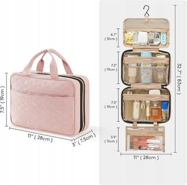 Жіноча косметичка для подорожей XXL, рожева, підвісна з гачком, 32x23x11 см