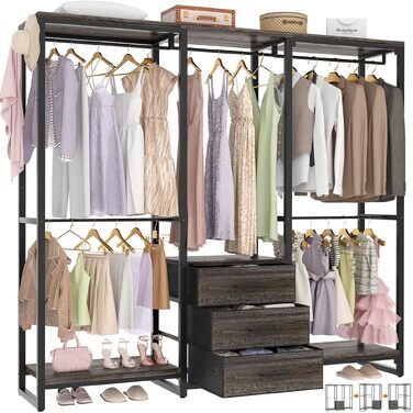 Кутовий вішак для одягу iSunirm L-подібний freestanding шафа з шухлядами, чорний дуб