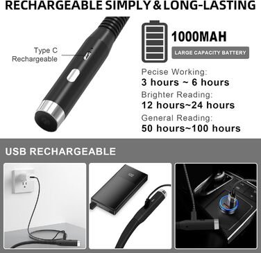 Ліхтарик на шию LED для читання, гнучкий, з USB зарядкою, 3 кольори світла, захист очей для дорослих та дітей, чорний