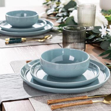 Набір посуду GBhome Teller- und Schüssel-Set: 18 частин, кераміка, для 4 осіб, миюча посуду, мікрохвильова піч, блакитний