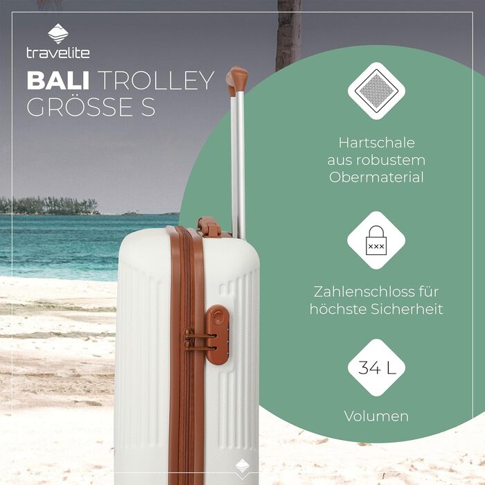 Тролей Travelite Bali 55x39x20 см, 2,5 кг, білий/cognac, з захисною оболонкою та кодовим замком. Підходить для ручної поклажі Lufthansa, Ryanair, easyJet