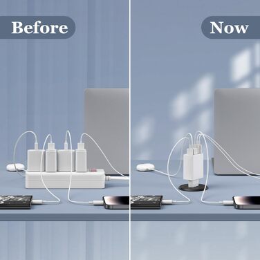 Зарядний пристрій USB-C 50W, 5 портів: 2 USB-C + 3 USB-A, Fast Charge PD 3.0, сумісний з iPhone, Samsung, планшетами - Білий