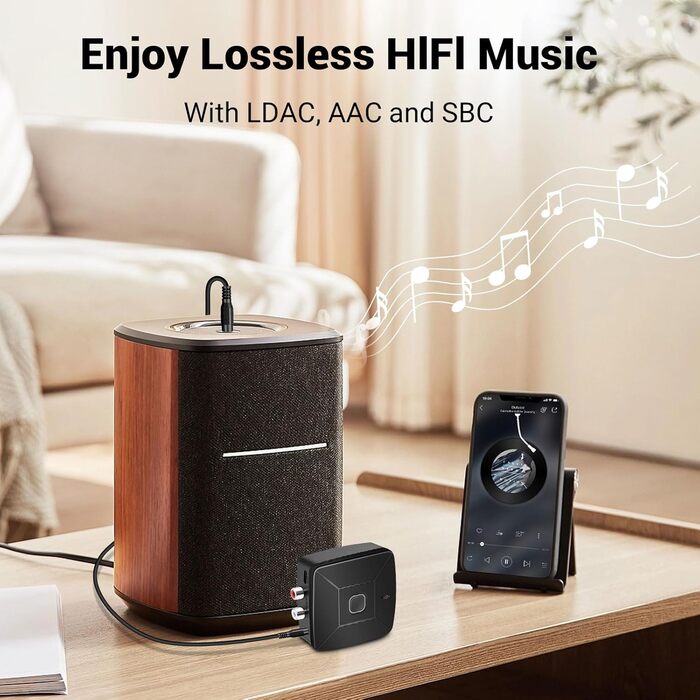 Bluetooth аудіоприймач 6.0 з LDAC Hi-Res декодуванням, сертифікований Hi-Res Audio, з 3.5mm та RCA виходами, сумісний з колонками, підсилювачами, автомагнітолами