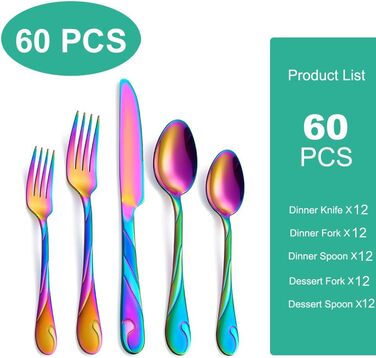 Набір столових приборів ES на 12 осіб (60 предметів), нержавіюча сталь, набір виделок, ножів та ложок, для посудомийної машини, кольоровий (Райдуга)