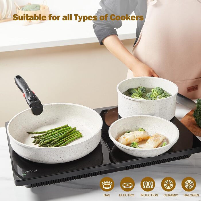 Набір каструль та сковорідок Rossetto 17 предметів з антипригарним покриттям, кераміка, індукційний, для дому та подорожей, знімні ручки, без PFOA та STONE