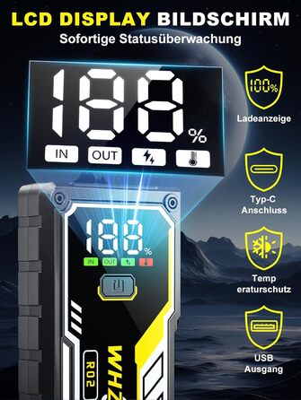 Powerbank для автомобіля 8000A 12V – Пусковий пристрій, бустер для акумулятора, зарядний пристрій для бензинових та дизельних авто (до 10л) з LCD дисплеєм, LED ліхтарем та кабелями для підключення (чорний)