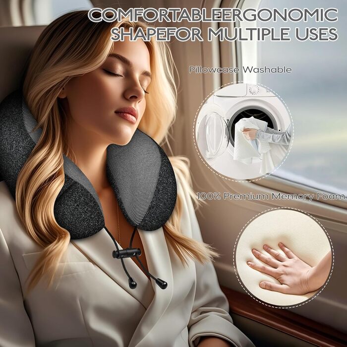 Подушка для шиї у літак - 100% Memory Foam - Зручна подушка для подорожей - з 3D-маскою для сну та навушниками - Ідеально для літака, авто, дому, офісу, чорна