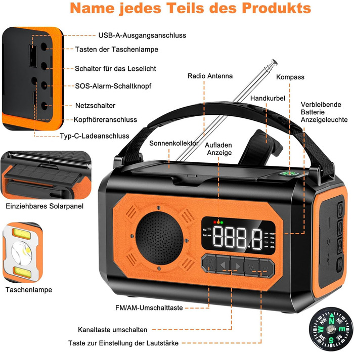 Радіоприймач Kurbelradio на 12000mAh з ручним зарядним пристроєм, сонячною панеллю, AM/FM, радіо для надзвичайних ситуацій, 7-в-1, SOS, ліхтарик, роз'єм для навушників, компас, ліхтар, оранжевий