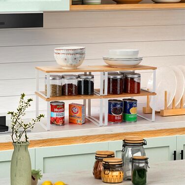 HMRACK Spice Rack, 4-Piece Bamboo Set, Expandable Kitchen Shelf, Stackable Spice Holder, Metal and Wood Composite, White and Natural
