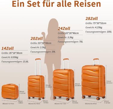 Набір валіз KONO 2 шт: велика валіза-тролі 55 см + косметичка з поліпропілену, 4 колеса, TSA-замок (Оранжевий)
