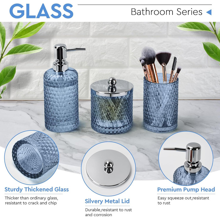 Набір аксесуарів для ванної кімнати, 4 шт., янтарне скло, органайзер для полиці, дозатор мила, тримач для зубних щіток, контейнер для ватних паличок, піднос з малюнком блакитного та білого мармуру