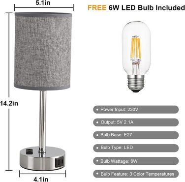 LED-лампа на тумбочку з торшером, сенсорне керування, USB-порт A+C, тканинний абажур, металева основа, для спальні, офісу, вітальні, з лампочкою (сіра)