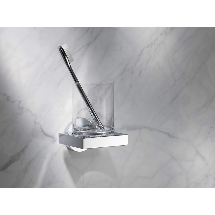KEUCO Toothbrush Cup Holder, Crystal Glass, Adhesive Mounting, No Drilling Required, High-Gloss Chrome, Glass with Holder, Toothbrush Holder, Edition 90 (without adhesive set)