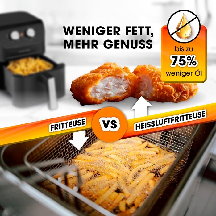 Gourmetmaxx Hot Air Fryer 4 L | Air Fryer with Timer Function & Stainless Steel Heating Element | Practical Preheating & Keep Warm Function | Low Odor, Energy-Saving & Virtually Oil-Free | 1400 W Matte Black 4 Liters