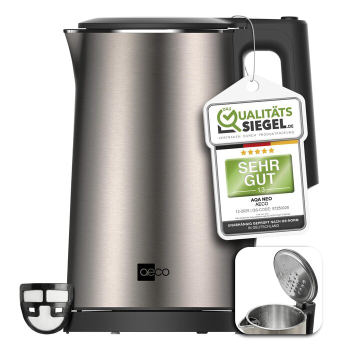 Електричний чайник Aeco AQA NEO з нержавіючої сталі, 1.7 л, 2150 Вт, без BPA, фільтр від накипу, бездротовий, CoolTouch, шампань сріблястий