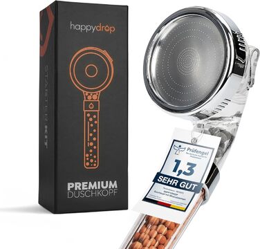 Premium showerhead with mineral stones from happydrop - The water-saving hand shower with pressure-increasing effect and 3 spray patterns