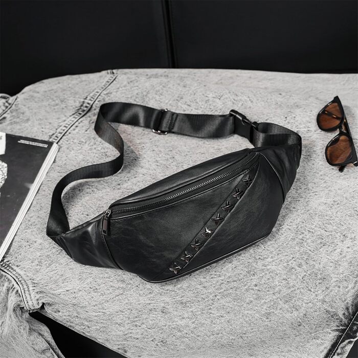 Чоловіча поясна сумка на ремінь з натуральної шкіри, чорна. Ідеальна для подорожей, активного відпочинку та хайкінгу.