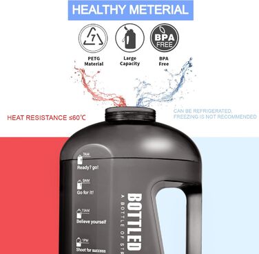 Sports Water Bottle, 1 Gallon/ 3.5L Water Bottle with Time Markings, Leak-Proof, Reusable & BPA-Free Water Bottle with Handle & Cleaning Brush for Gym, Office