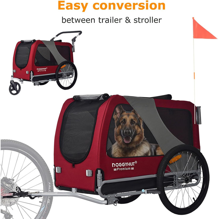 DOGGYHUT® Преміум XL 2-в-1 велопричіп та візок для собак, 23-45 кг, червоний