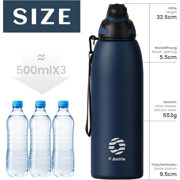Термопляшка Fjbottle Edelstahl 1.5л синя: спортивна, з магнітною кришкою, BPA-free, для школи та фітнесу