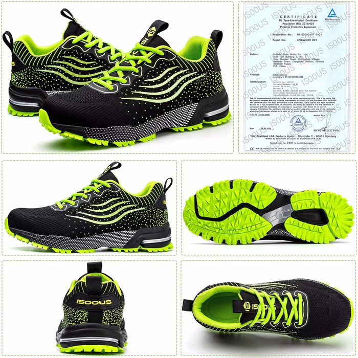 Зручні робочі черевики ISOOUS з металевим підноском для чоловіків та жінок. Легкі, дихаючі, неслизькі, захисні черевики, 42 EU, зелені.