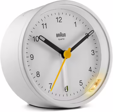 Braun Classic Analog Alarm Clock with Snooze Function and Light, Silent Quartz Movement, Crescendo Alarm in White, Model BC12W.