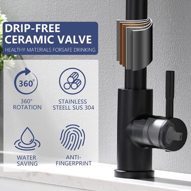 Чорний кухонний змішувач з витяжною лійкою TIMACO 360° поворотний, одноручний, для кухонної мийки | Змішувач для кухні