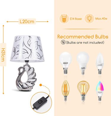 Стійка лампа Aigostar з кераміки, вінтажна настільна лампа з тканинним абажуром, патрон E14, макс. 40W, сучасна лампа для нічного столика, нічник для спальні, вітальні, офісу (без лампочки) - H235mm (Білий лебідь - H310mm)