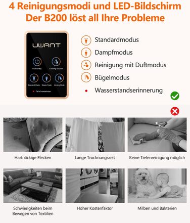 UWANT Теперішній пилосос для килимів, для диванів, килимів, м'яких меблів, мокрий/сухий пилосос з сильною потужністю всмоктування 12000Pa, 70dB (B200-білий-з щіткою для прасування)