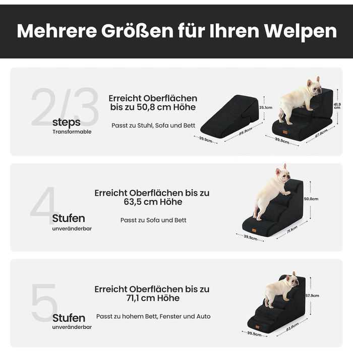 Сходинка для собак Gardner Pet - 35/42 см, 3 сходинки, з високощільної піни, з неслизьким водонепроникним покриттям, для ліжка, дивану, крісла (5 сходинок, чорний колір)
