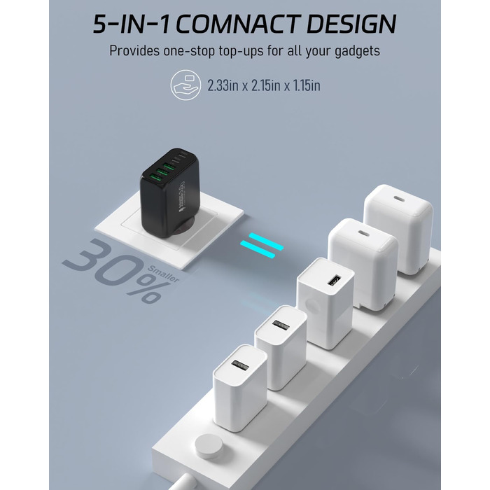 Мережевий адаптер USB C 50W 5 портів (2 USB C + 3 USB A) для iPhone, iPad, Samsung Galaxy, Google - білий/чорний