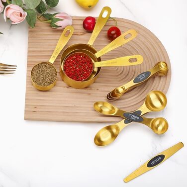 Набір мірних стаканів та ложок Cuteefun Gold, 13 предметів: 5 стаканів, 8 магнітних ложок, нержавіюча сталь для вимірювання сухих та рідких інгредієнтів для випічки та приготування їжі