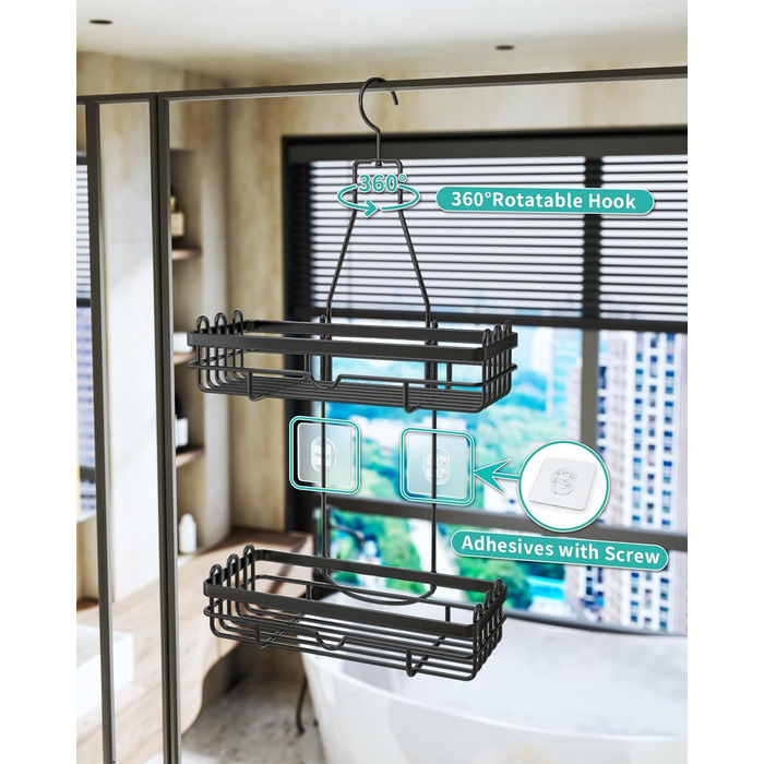 HapiRm Shower Shelf for Hanging with Razor Holder & Soap Holder, Hanging Shower Shelf with Multiple Hooks - High-Quality Hanging Shower Basket Stainless Steel No Drilling, Black
